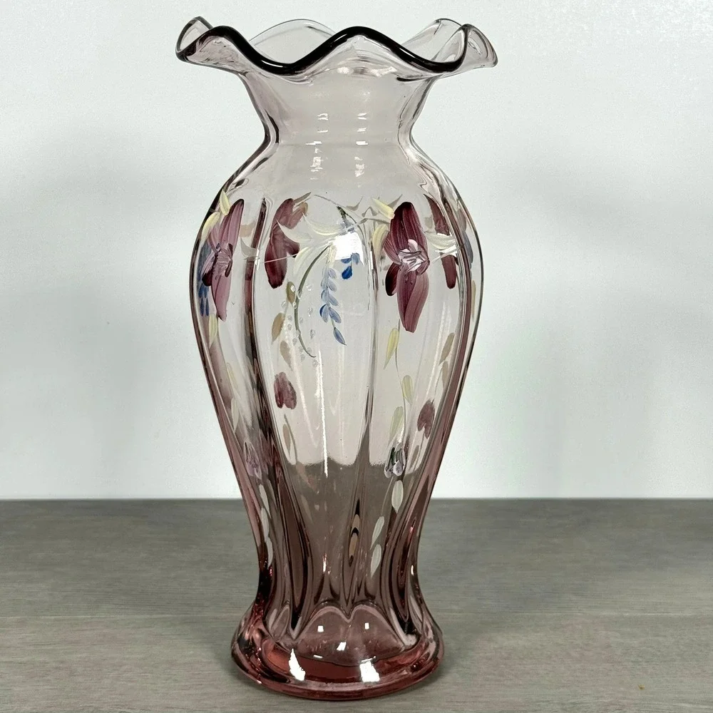 Fenton Amethyst Glass Floral Vase Hand Painted Ruffled Rim 9